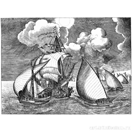 Морской корабль между двумя галерами