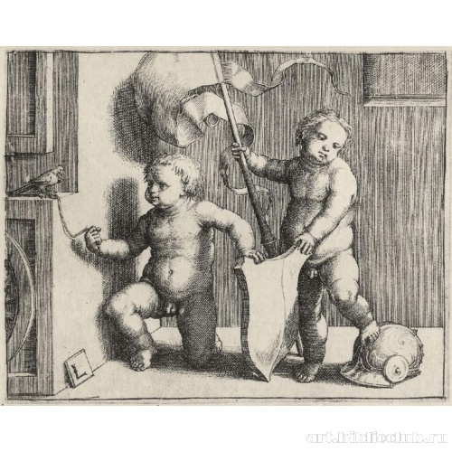 Путти с гербовым щитом, знаменем и шлемом