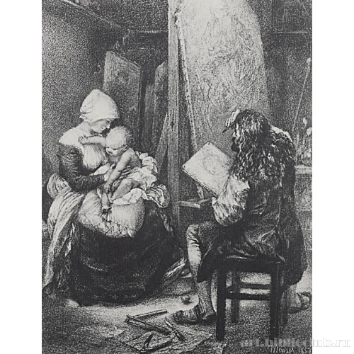 Альбрехт Дюрер пишет в мастерской горожанку с ребенком как Мадонну