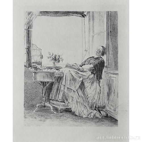 Заснувшая у окна вышивальщица (сестра Менцеля Эмилия), первое состояние