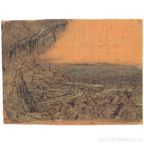 Пейзаж с далеким видом и ветвой ели на первом плане