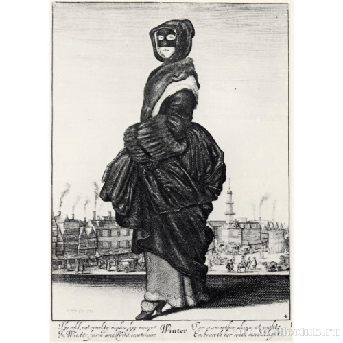 Зима (стоящая женщина в зимнем платье и маске)