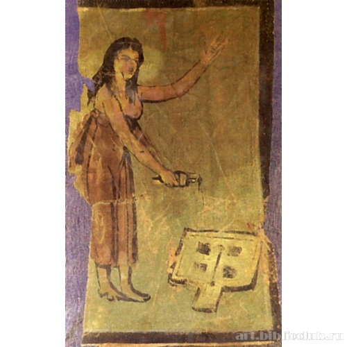 Фрагмент пелены мумии с изображением женщины, совершающей жертвенное возлияние