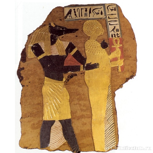 Аппликация чехла мумии с изображением Анубиса и умершего