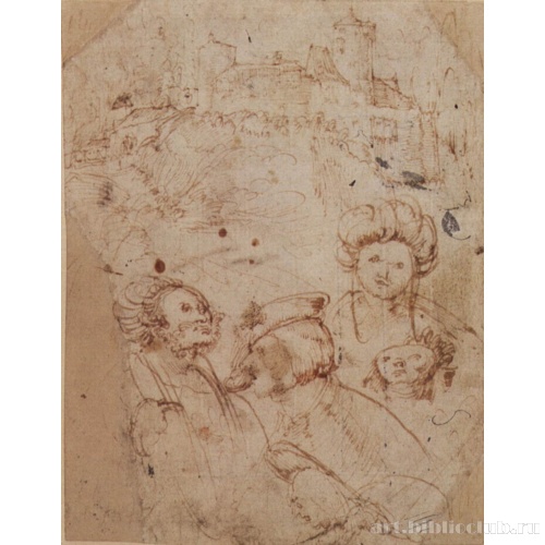 Лист с этюдами голов и замка