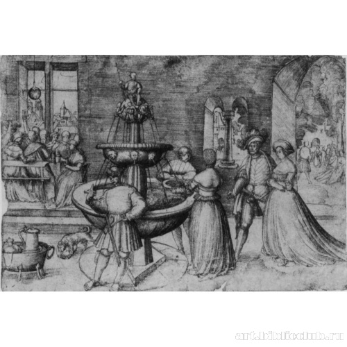 Праздничное общество в зале с фонтаном