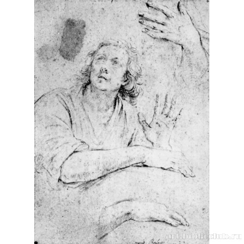 Лист с фигурой смотрящего вверх юноши и этюдами рук