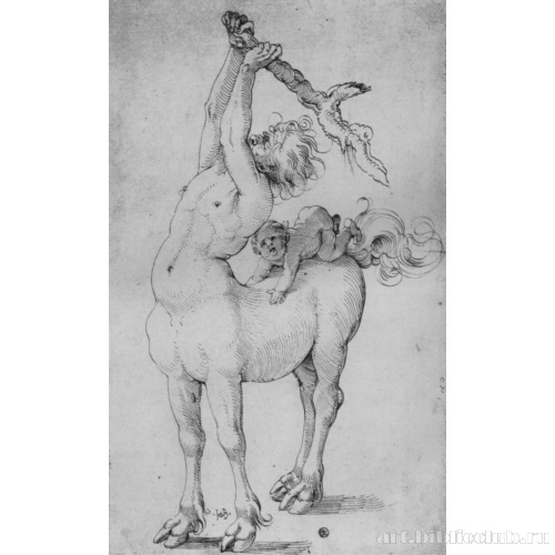 Кентавр с мальчиком, размахивающий сухой ветвью