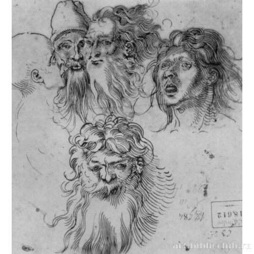 Лист этюдов с пятью мужскими головами