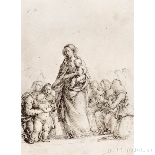 Стоящая Мадонна с младенцем, окруженная поклоняющимися ангелами