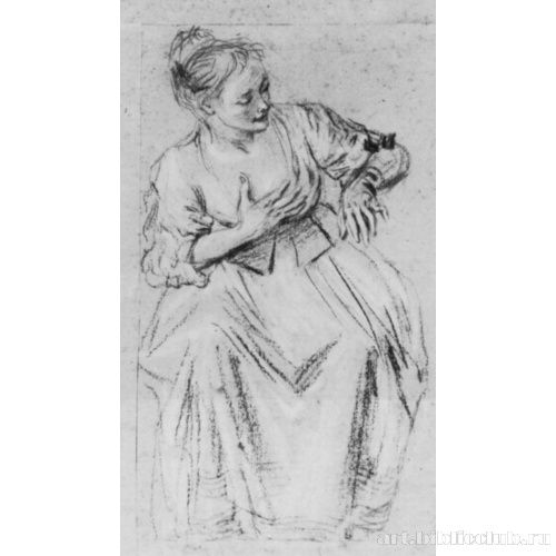 Сидящая женщина с рукой на груди, смотрящая вправо