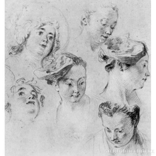 Лист с этюдами двух детских и четырех женских голов