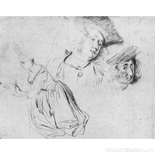 Лист этюдов: Две мужские головы и фигура женщины