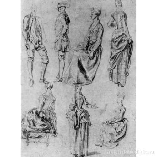 Лист с этюдами стоящих и сидящих мужчин и женщин