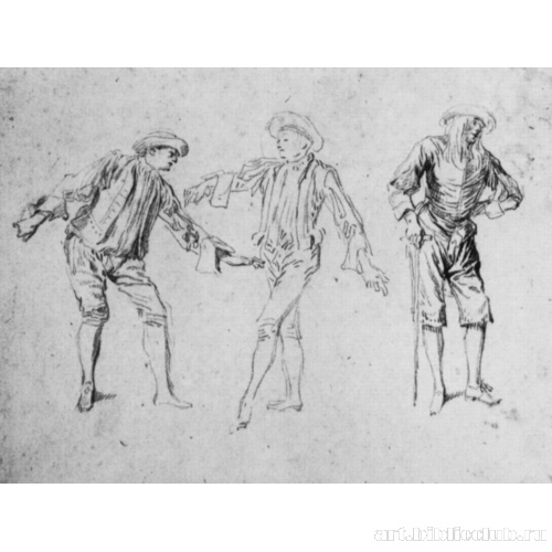 Два танцующих мужчины и старик с палкой