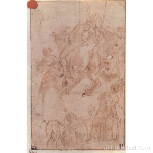 Лист с набросками: Два всадника, три солдата и собака