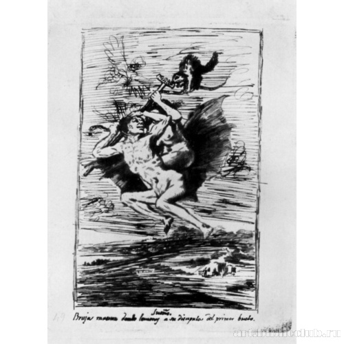 Рисунок для серии офортов «Капричос»: Ведьма-наставница учит летать новичка