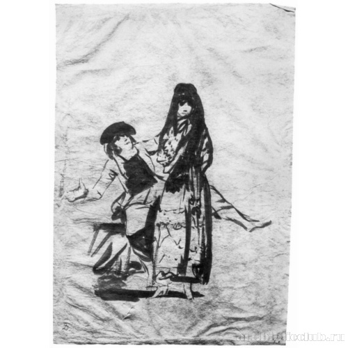 Рисунок для серии офортов «Капричос»: Молодой человек полезен женщине при раздевании