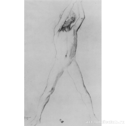 Обнаженный мальчик с поднятыми руками и расставленными ногами