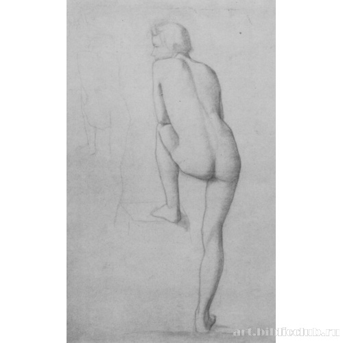 Натурщица со спины, опирающаяся на высоко поставленную левую ногу