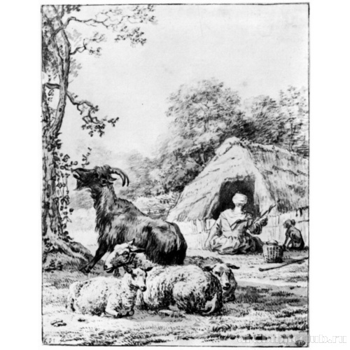 Пастух с козой и тремя овцами