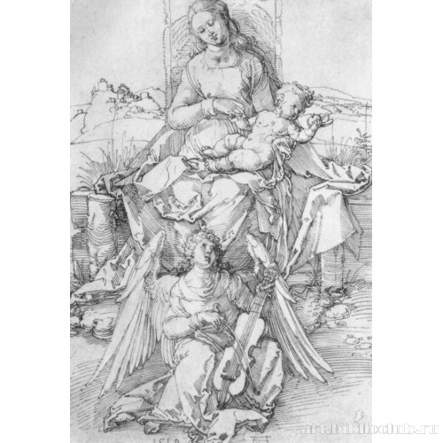 Мадонна с младенцем на дерновой скамье и играющий на скрипке ангел