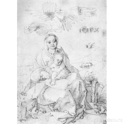 Мадонна с младенцем на дерновой скамье, коронуемая ангелом