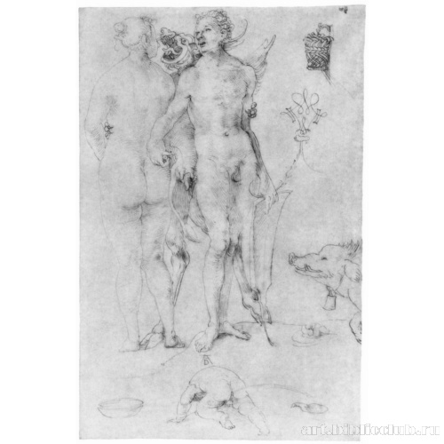 Лист этюдов с нагой парой и чертом