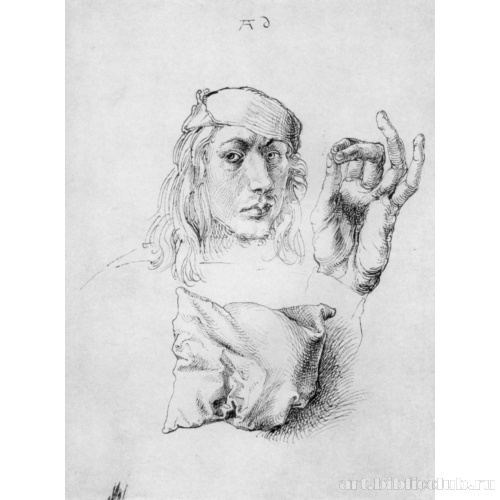 Лист этюдов с автопортретом, рукой и подушкой