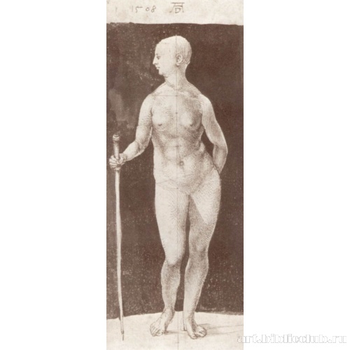 Стоящая обнаженная с палкой, повернувшаяся вправо