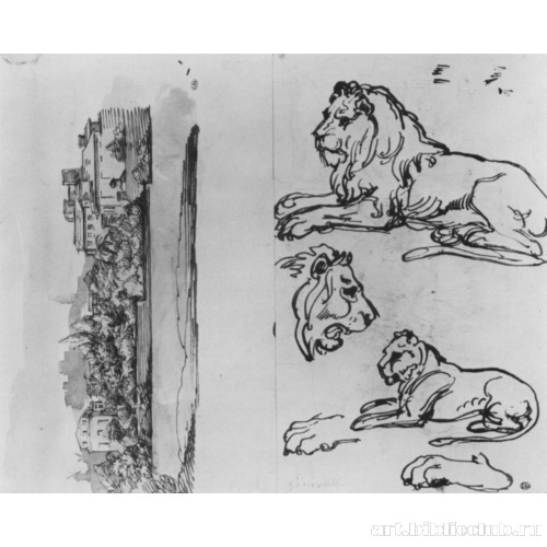 Лист этюдов с пейзажем и львами
