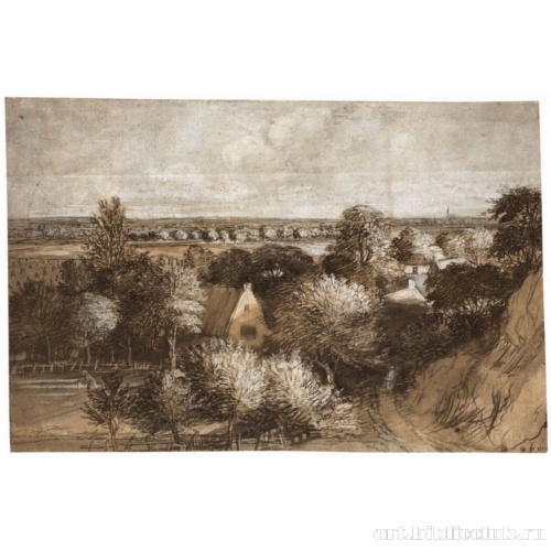 Пейзаж с домами между деревьями