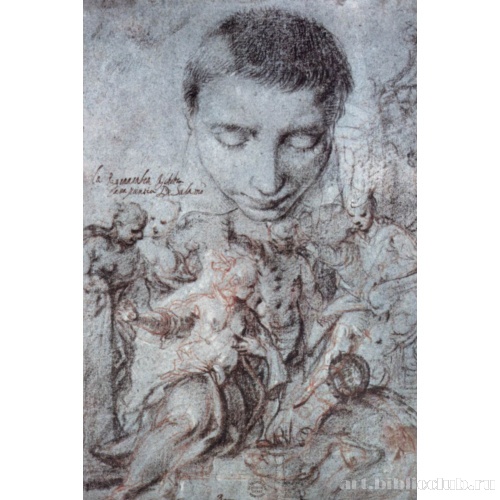 Лист этюдов: мужская голова и царица Савская перед царем Соломоном