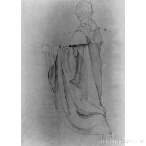 Этюд драпировки мужской фигуры с посохом, обращенной влево