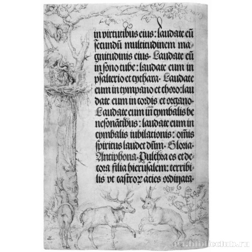 Молитвенник императора Максимилиана I, Гнездо аиста на дереве и три оленя