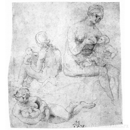 Лист этюдов с тремя обнаженными женщинами с младенцами