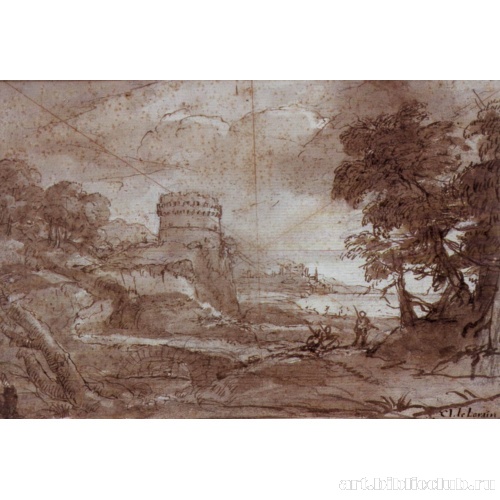 Пейзаж с круглой башней и морским заливом