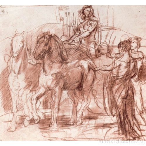 Античная колесница, запряженная парой, и женские фигуры