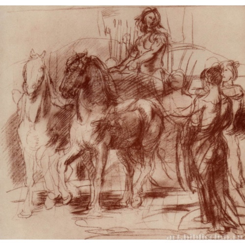 Запряженная парой колесница и группа женщин