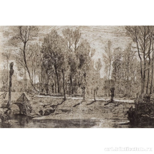 Пейзаж с деревьями и каменным мостом