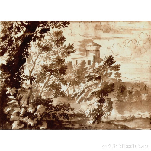 Пейзаж с деревьями и башней