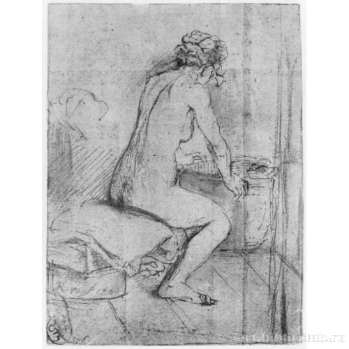 Обнаженная натурщица, опирающаяся руками на край корзины