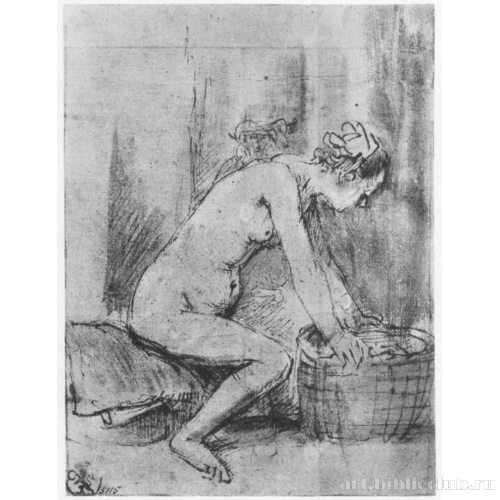 Обнаженная натурщица, в профиль, опирающаяся руками на край корзины