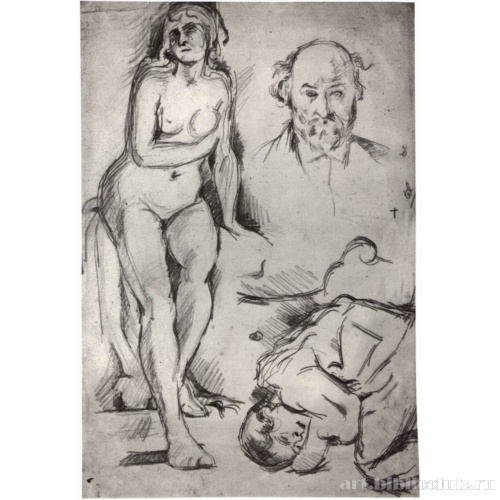 Лист этюдов: присевшая обнаженная, автопортрет и спящий ребенок