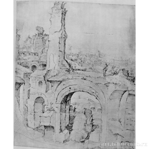 Руины на Палатине в Риме, на заднем плане: Колизей