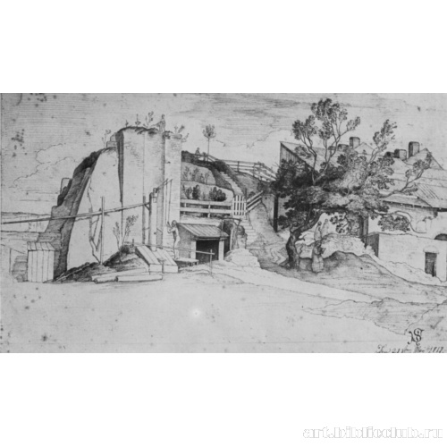 Пейзаж с хижинами в скалах