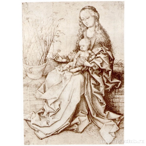 Мадонна с младенцем на дерновой скамье с цветком гвоздики