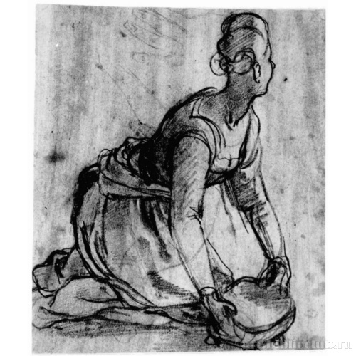 Стоящая на коленях молодая женщина с корзиной