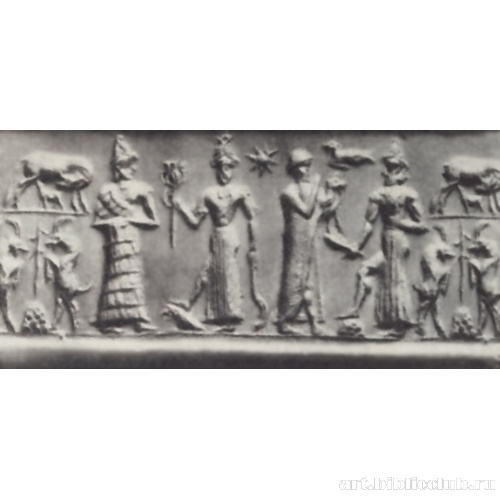 Оттиск цилиндрической печати с изображением божеств и человека с жертвенным животным