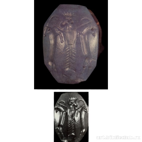 Восьмигранная печать из голубого халцедона. Персидский царь, держащий двух козерогов